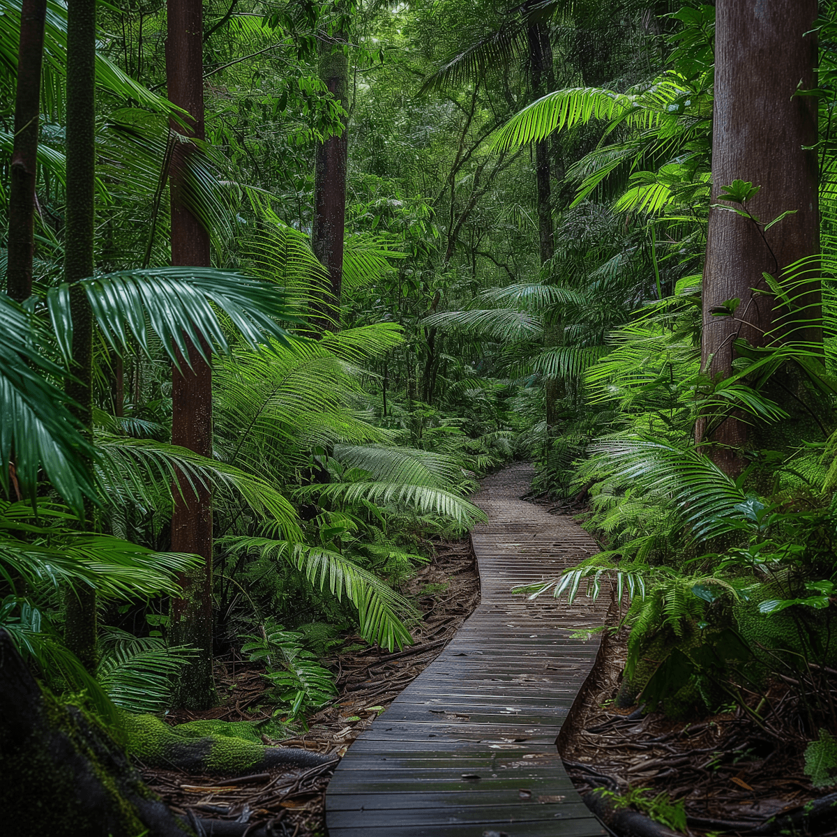 Path leads to tropical huts and lush greenery.
